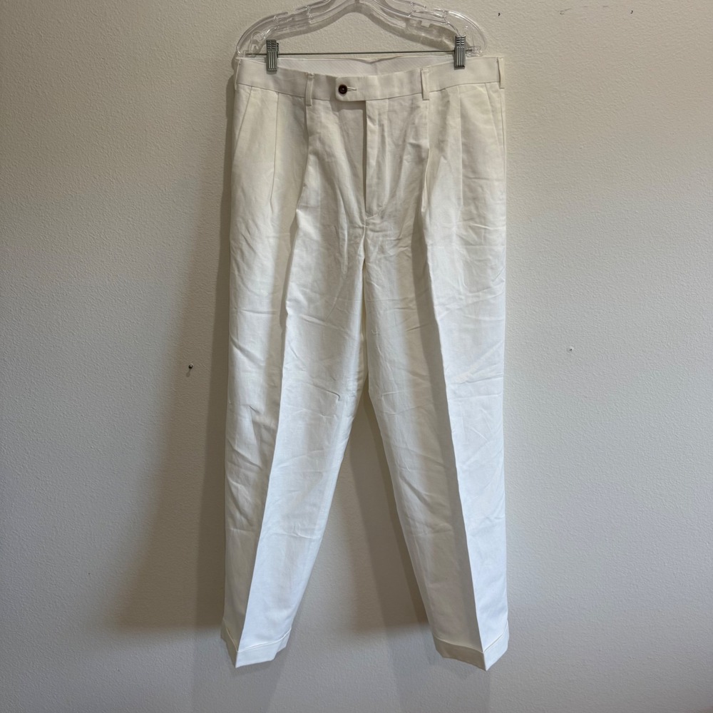 Perry Ellis Portfolio Mens White Linen Cotton Pleated Cuffed Dress Pants 36x32
